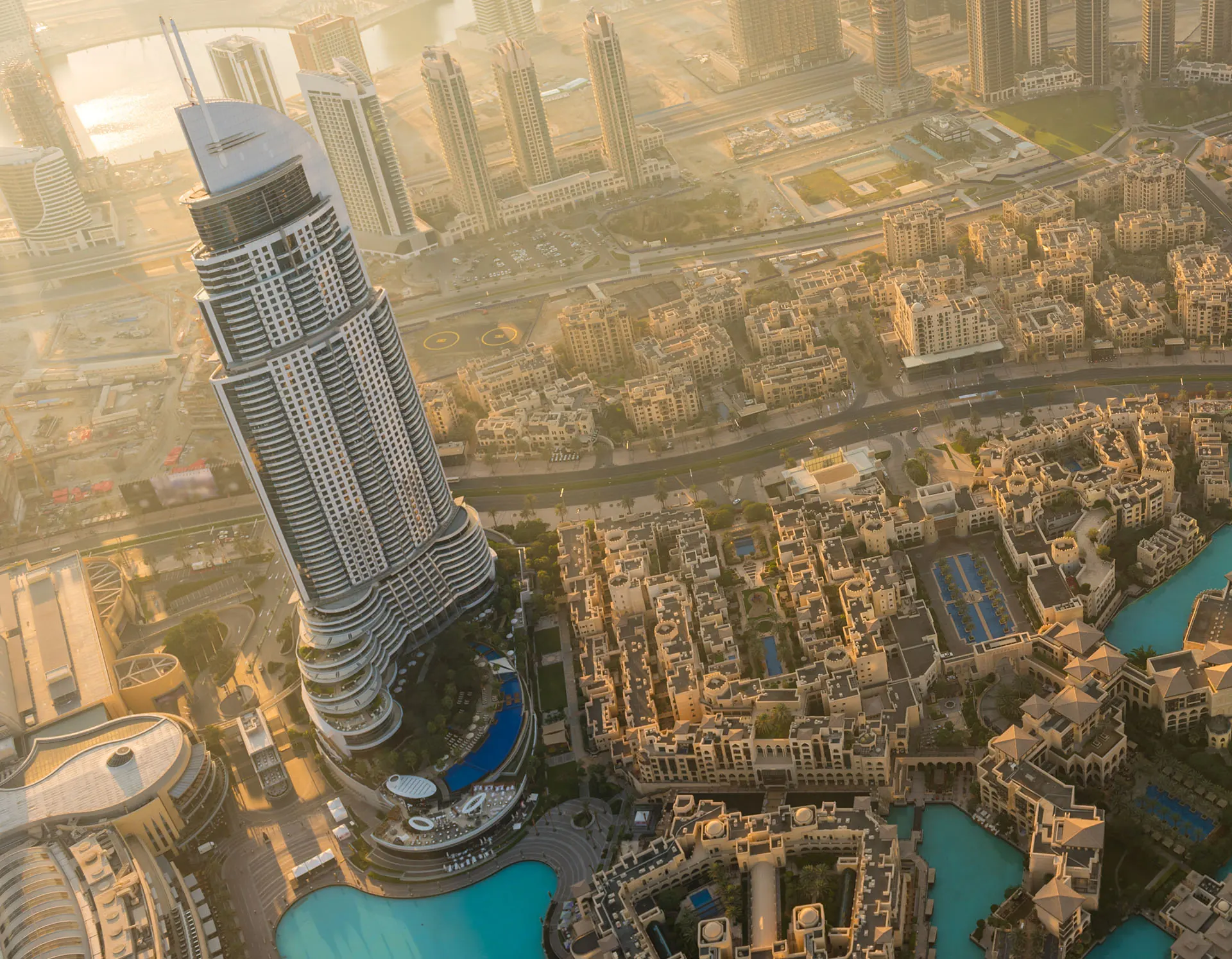 Golden aerial view of Dubai residences and towers