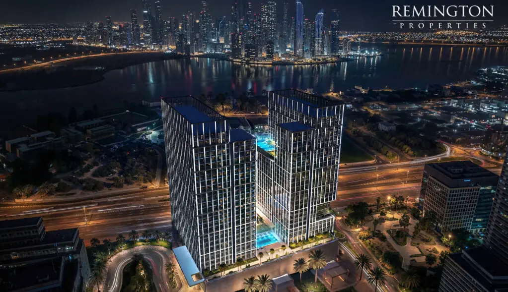 Binghatti Spectre aerial night view beside Dubai Creek in Al Jaddaf