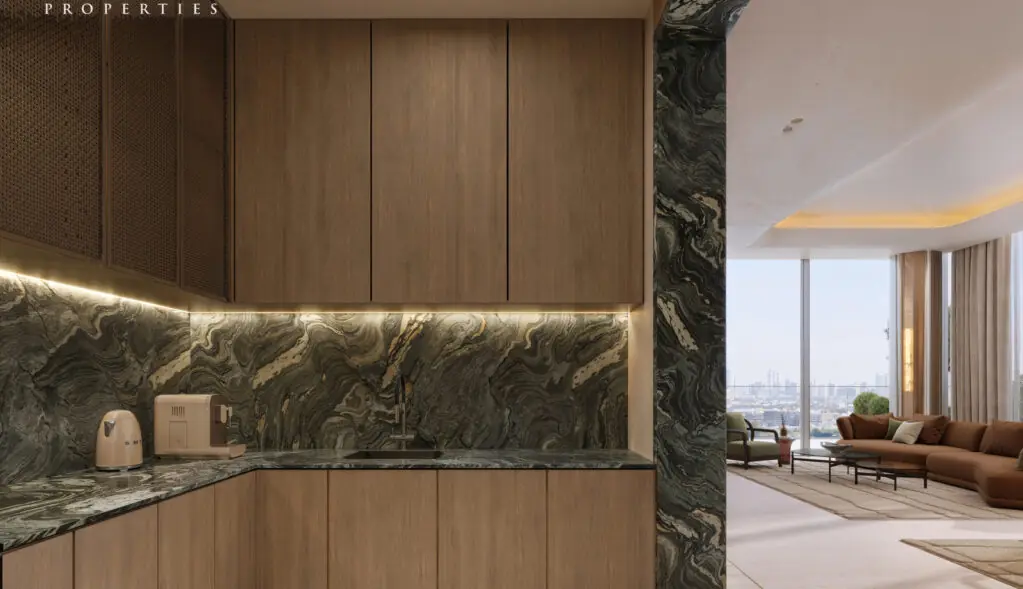 Binghatti Spectre apartment kitchen and living-area view