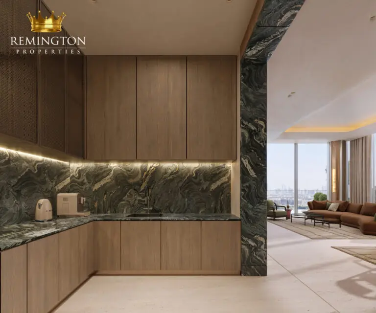 Binghatti Spectre apartment kitchen and living-area view