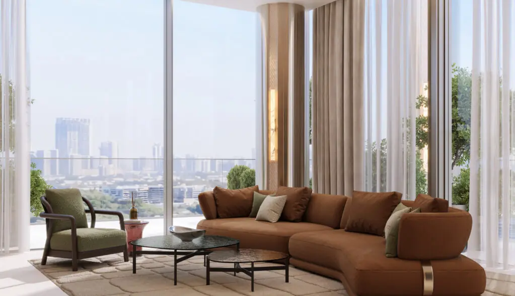 Binghatti Spectre living room with an Al Jaddaf city view