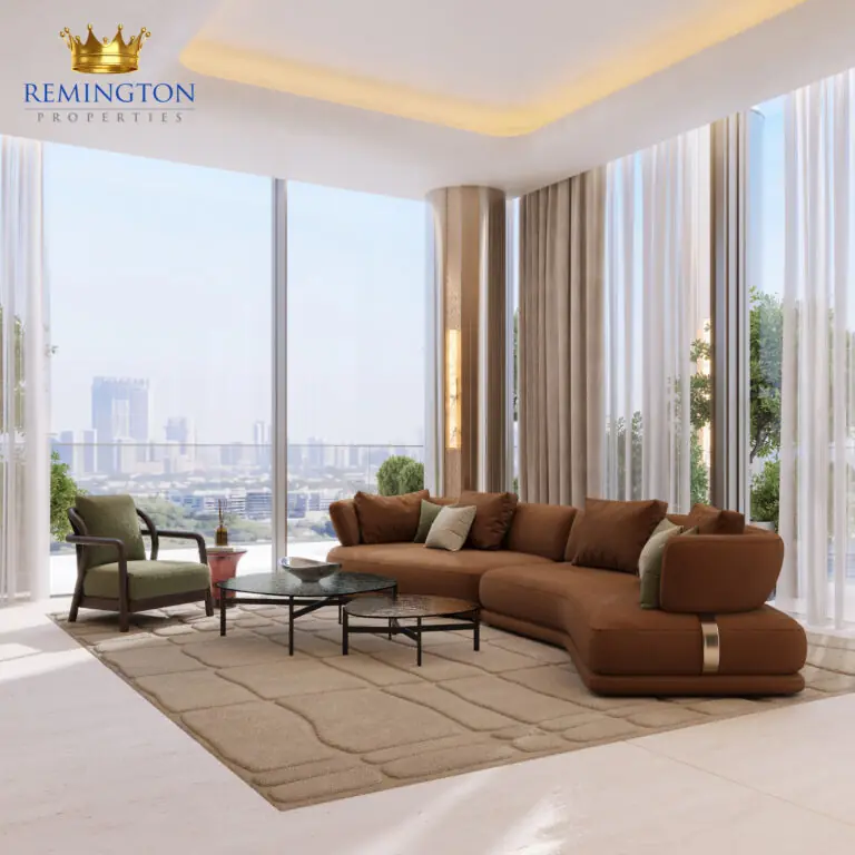 Binghatti Spectre living room with an Al Jaddaf city view