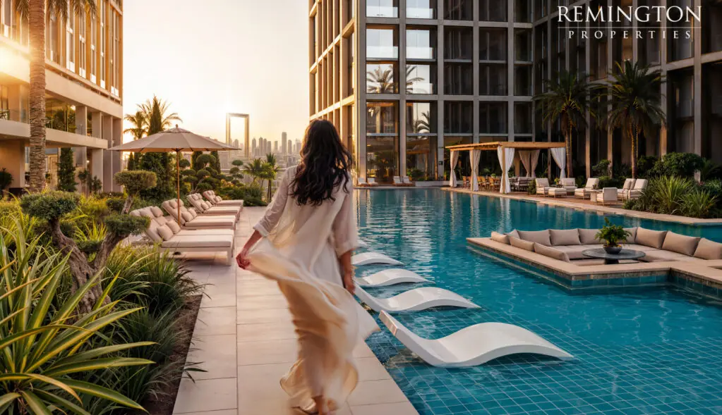 Binghatti Spectre family pool deck and landscaped seating