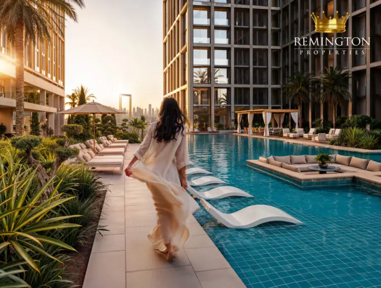 Binghatti Spectre family pool deck and landscaped seating