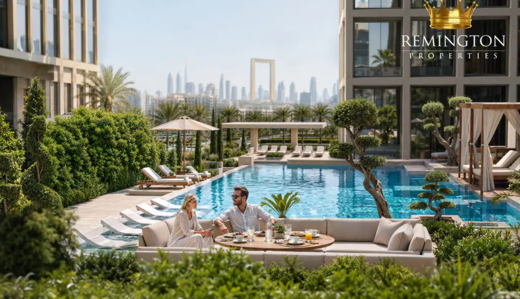 Binghatti Spectre landscaped pool deck and outdoor seating