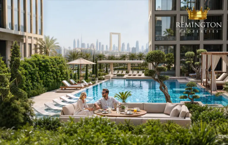 Binghatti Spectre landscaped pool deck and outdoor seating