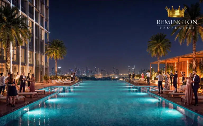 Binghatti Spectre swimming pool and leisure deck at night