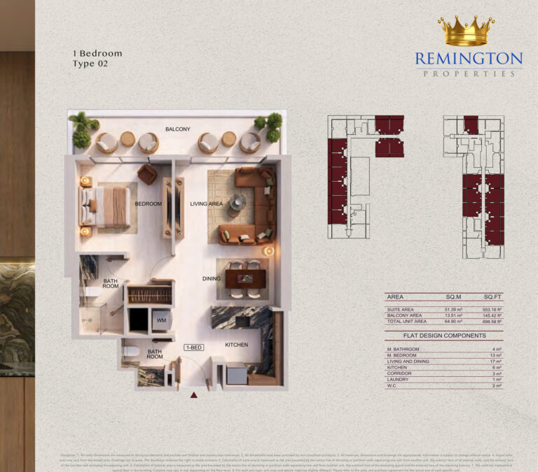 Binghatti Spectre one-bedroom Type 02 floor plan, 698.58 sq ft total area
