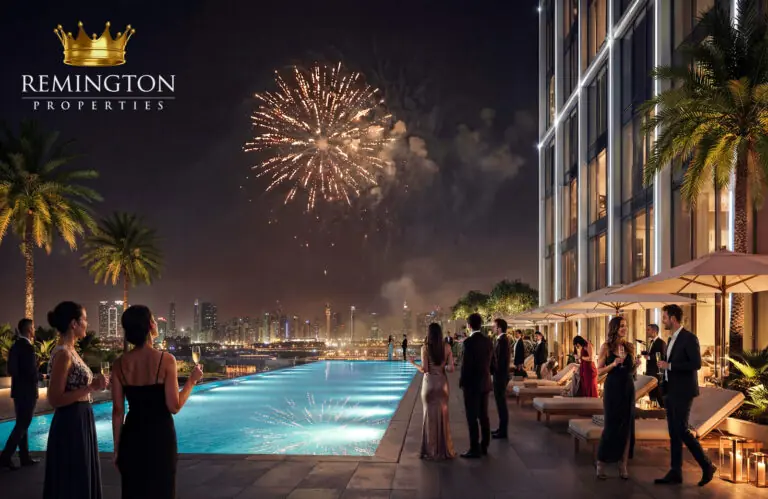 Binghatti Spectre poolside social area and city view
