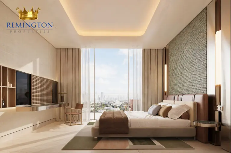 Binghatti Spectre primary bedroom and floor-to-ceiling window