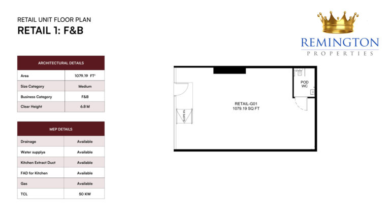 Binghatti Spectre Retail 1 F&B ground-floor layout, 1,079.19 sq ft