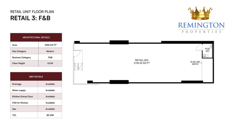 Binghatti Spectre Retail 3 F&B ground-floor layout, 2,155.04 sq ft