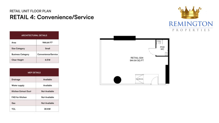 Binghatti Spectre Retail 4 convenience and service ground-floor layout, 944.64 sq ft