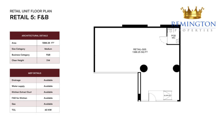 Binghatti Spectre Retail 5 F&B ground-floor layout, 1,388.25 sq ft