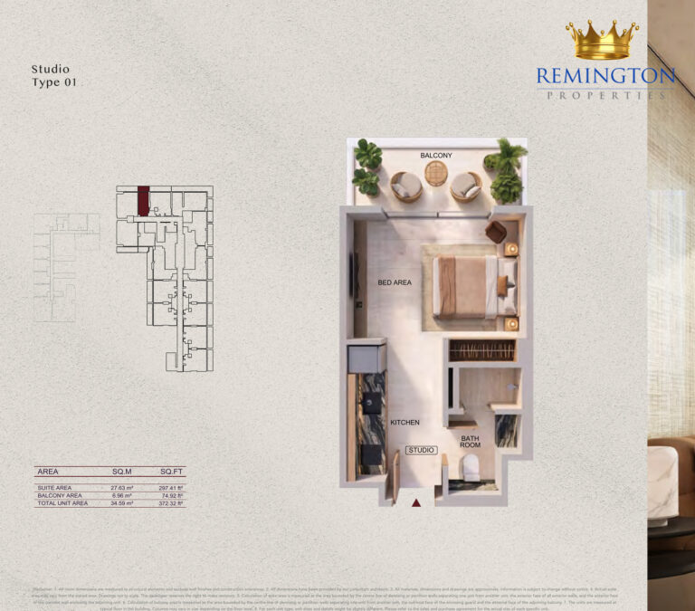 Binghatti Spectre studio Type 01 floor plan, 372.32 sq ft total area