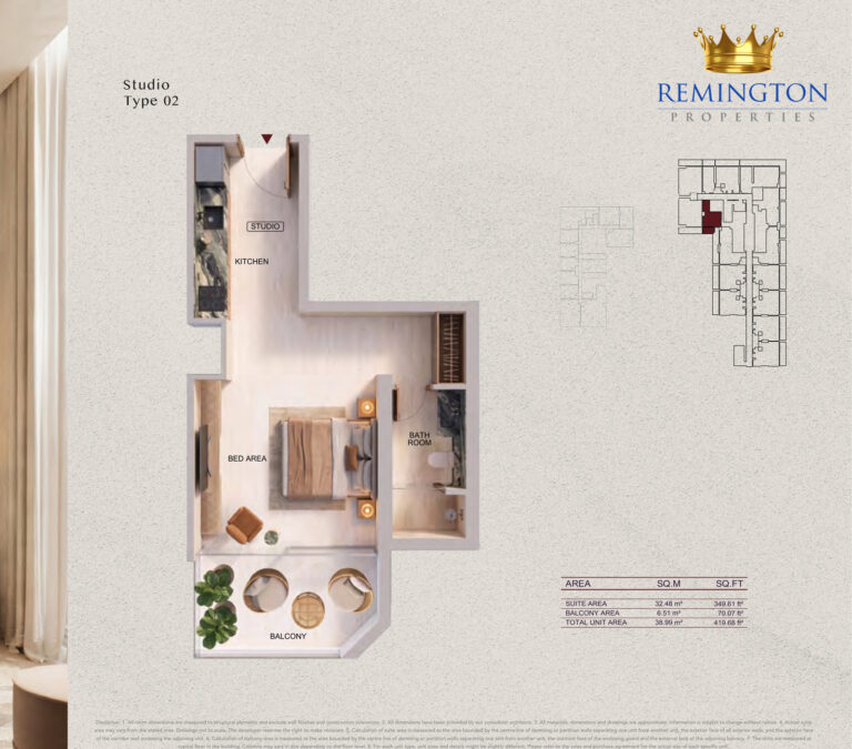 Binghatti Spectre studio Type 02 floor plan, 419.68 sq ft total area
