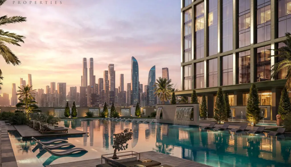 Binghatti Spectre pool deck at sunset in Al Jaddaf