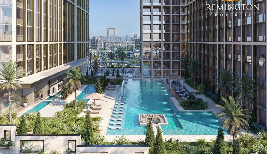 Binghatti Spectre swimming pool and landscaped amenity deck