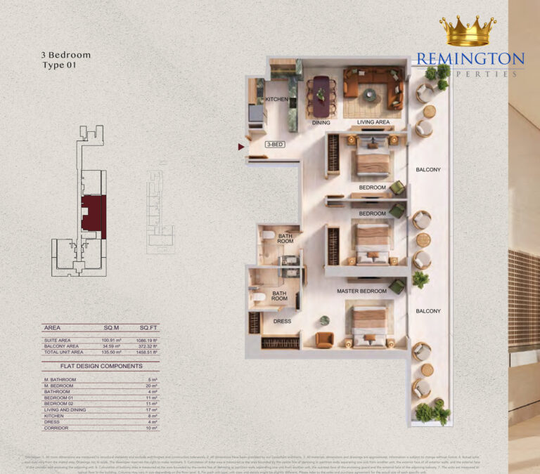 Binghatti Spectre three-bedroom Type 01 floor plan, 1,458.51 sq ft total area