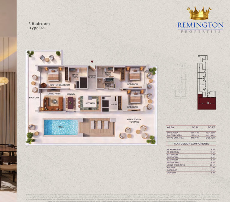 Binghatti Spectre three-bedroom Type 02 floor plan with pool, 3,426.15 sq ft total area