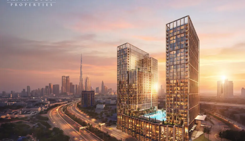 Binghatti Spectre mixed-use towers at sunset