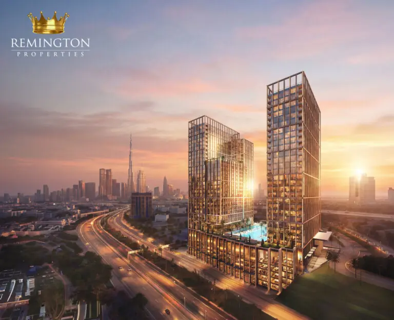 Binghatti Spectre mixed-use towers at sunset