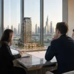 Buyer and property advisers reviewing a new Dubai residential tower model with Remington Properties watermark