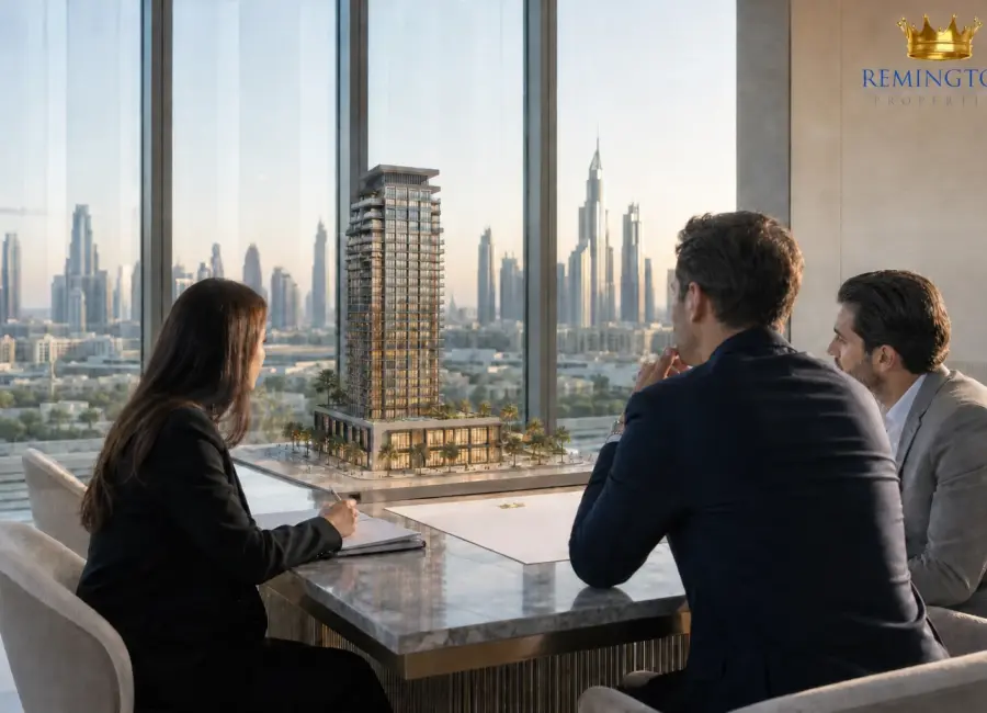 Buyer and property advisers reviewing a new Dubai residential tower model with Remington Properties watermark