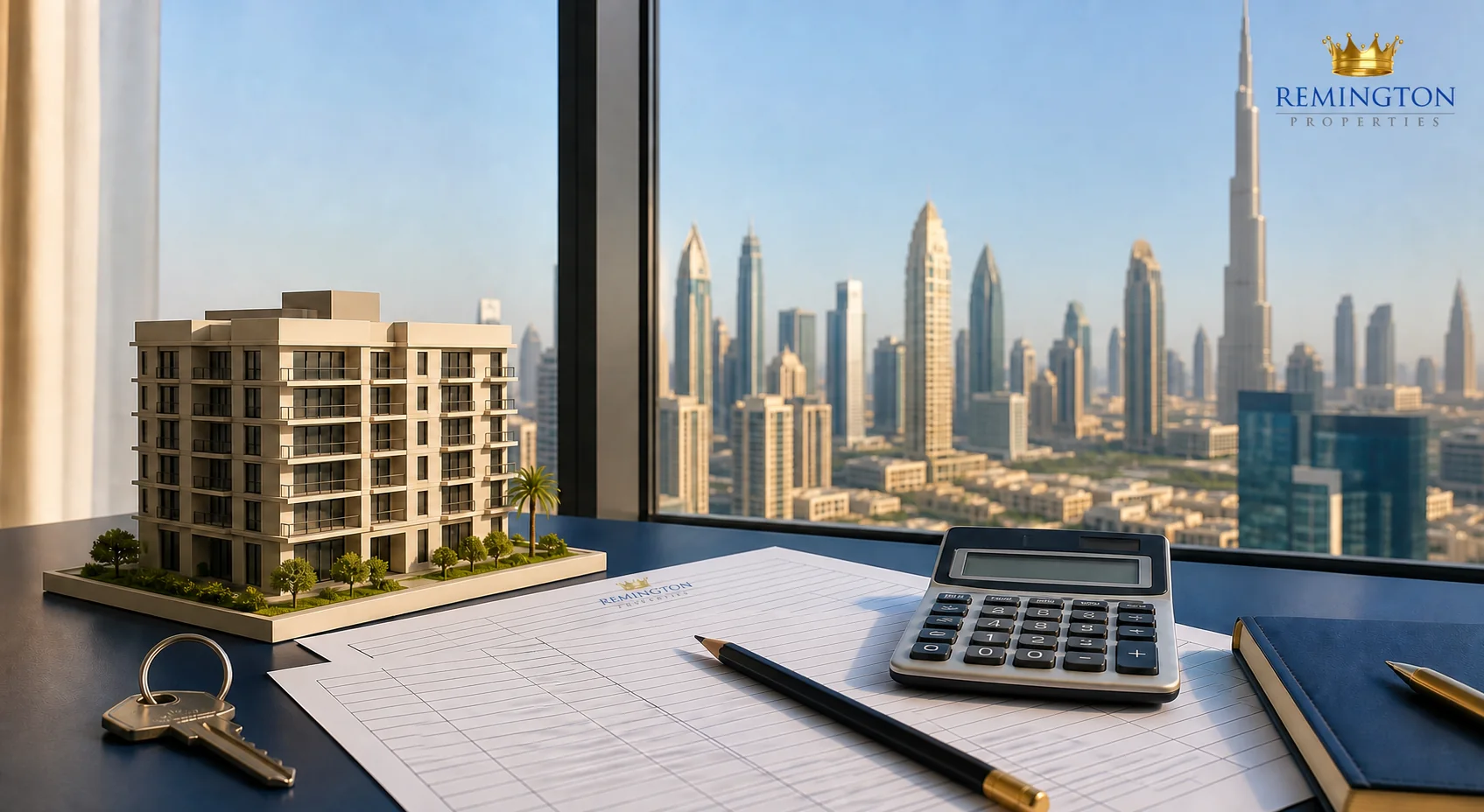 Dubai property return worksheet with Remington Properties letterhead and calculator