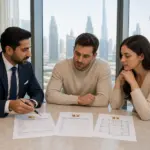First-time Dubai property buyers reviewing a branded purchase checklist with an adviser
