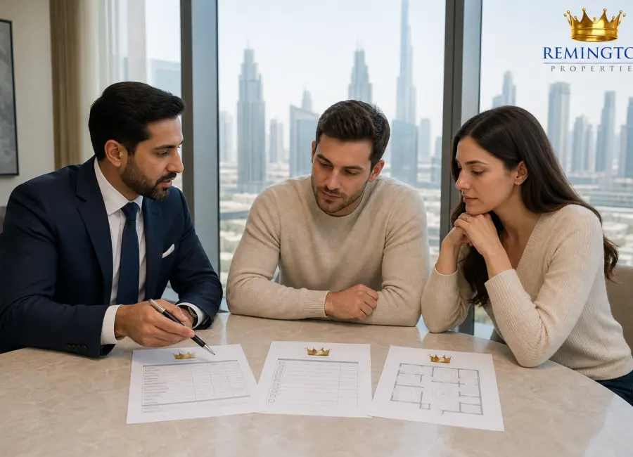 First-time Dubai property buyers reviewing a branded purchase checklist with an adviser
