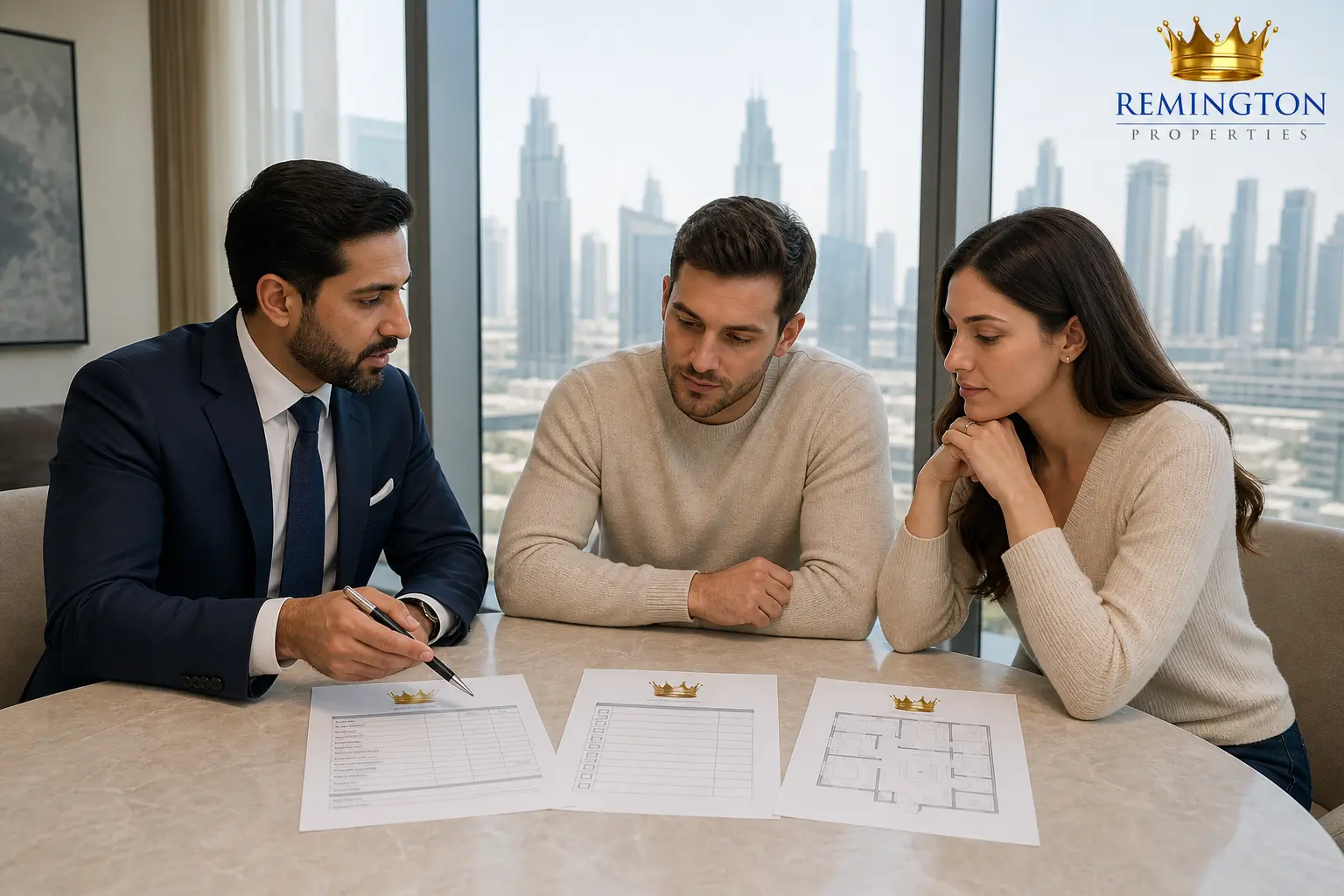 First-time Dubai property buyers reviewing a branded purchase checklist with an adviser