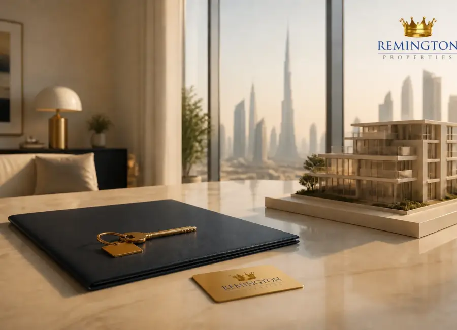 Dubai skyline with a gold residence card and Remington Properties branding