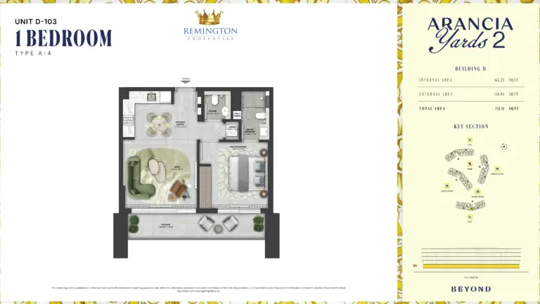 Arancia Yards 2 Building D 1 bedroom Type A-4 floor plan with room labels, dimensions and total area of 751.11 sq ft