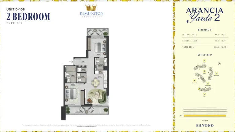 Arancia Yards 2 Building D 2 bedroom Type B-5 floor plan with room labels, dimensions and total area of 1,100.18 sq ft