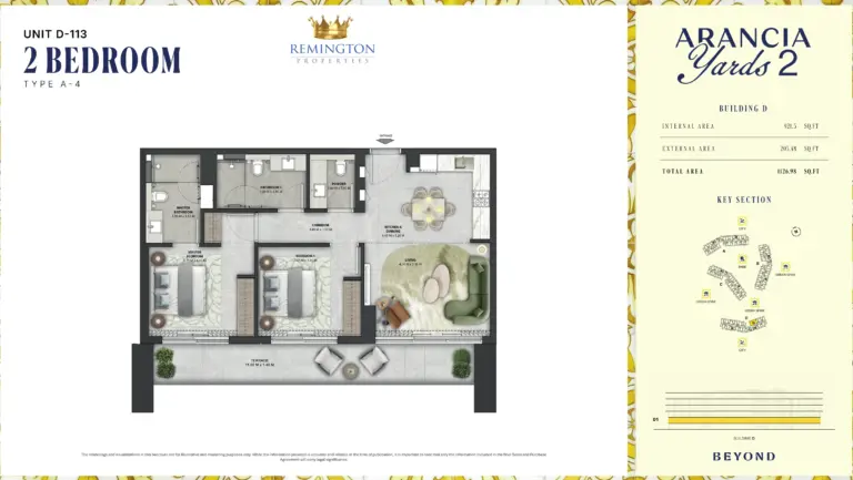 Arancia Yards 2 Building D 2 bedroom Type A-4 floor plan with room labels, dimensions and total area of 1,126.98 sq ft