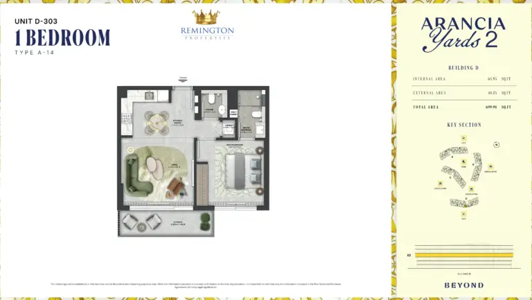 Arancia Yards 2 Building D 1 bedroom Type A-14 floor plan with room labels, dimensions and total area of 699.98 sq ft