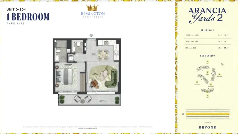Arancia Yards 2 Building D 1 bedroom Type A-12 floor plan with room labels, dimensions and total area of 738.51 sq ft