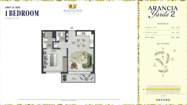 Arancia Yards 2 Building D 1 bedroom Type A-11 floor plan with room labels, dimensions and total area of 702.13 sq ft