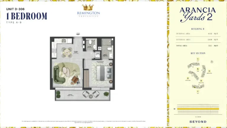 Arancia Yards 2 Building D 1 bedroom Type A-9 floor plan with room labels, dimensions and total area of 732.70 sq ft