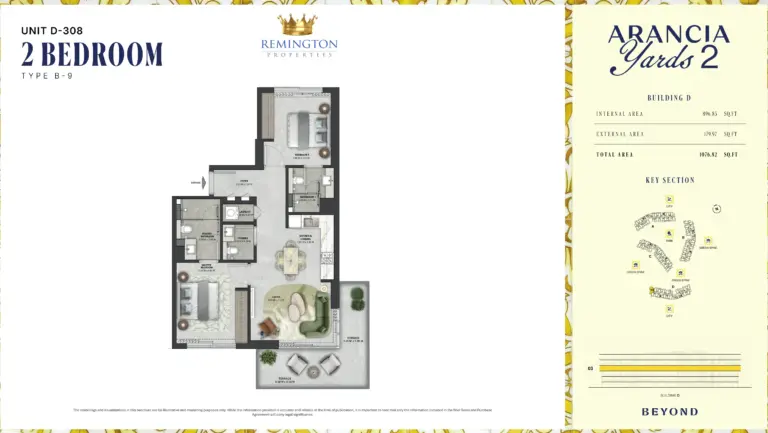 Arancia Yards 2 Building D 2 bedroom Type B-9 floor plan with room labels, dimensions and total area of 1,076.82 sq ft