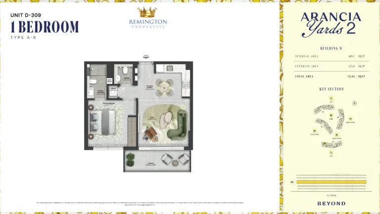 Arancia Yards 2 Building D 1 bedroom Type A-8 floor plan with room labels, dimensions and total area of 731.84 sq ft
