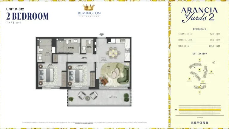 Arancia Yards 2 Building D 2 bedroom Type A-1 floor plan with room labels, dimensions and total area of 1,096.30 sq ft