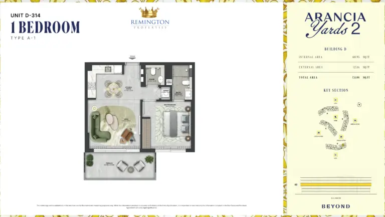 Arancia Yards 2 Building D 1 bedroom Type A-1 floor plan with room labels, dimensions and total area of 731.08 sq ft