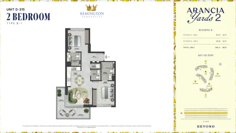 Arancia Yards 2 Building D 2 bedroom Type B-1 floor plan with room labels, dimensions and total area of 1,081.13 sq ft
