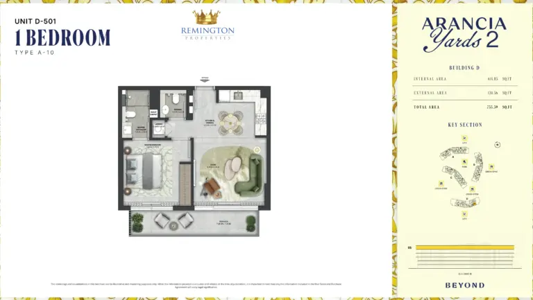Arancia Yards 2 Building D 1 bedroom Type A-10 floor plan with room labels, dimensions and total area of 735.39 sq ft