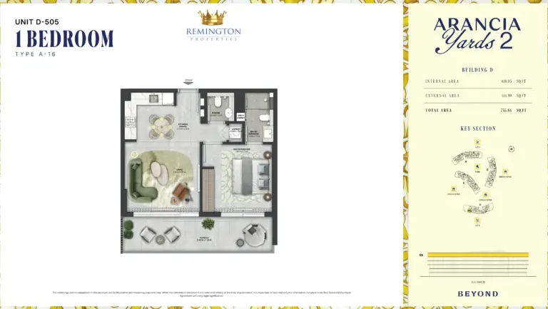 Arancia Yards 2 Building D 1 bedroom Type A-16 floor plan with room labels, dimensions and total area of 755.84 sq ft