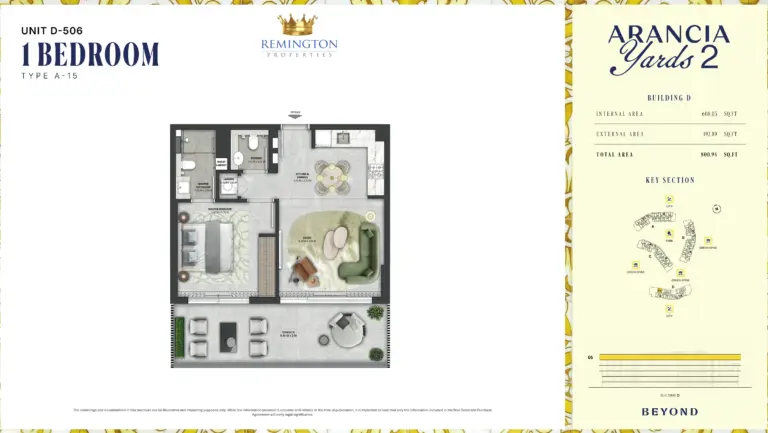 Arancia Yards 2 Building D 1 bedroom Type A-15 floor plan with room labels, dimensions and total area of 800.94 sq ft