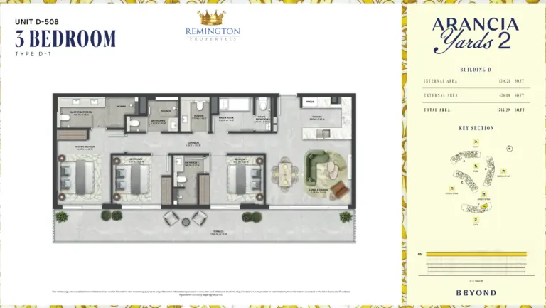 Arancia Yards 2 Building D 3 bedroom Type D-1 floor plan with room labels, dimensions and total area of 1,744.29 sq ft