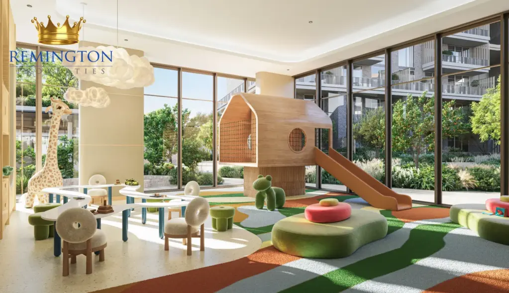 Illustrative children's playroom overlooking landscaped gardens at The Yards